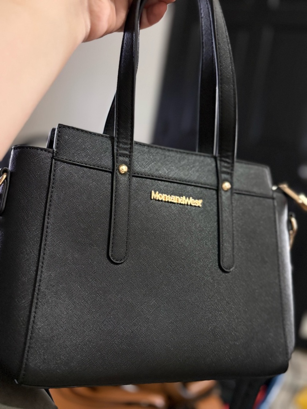 Montana West Black Saffiano-Style Satchel with Gold Accents